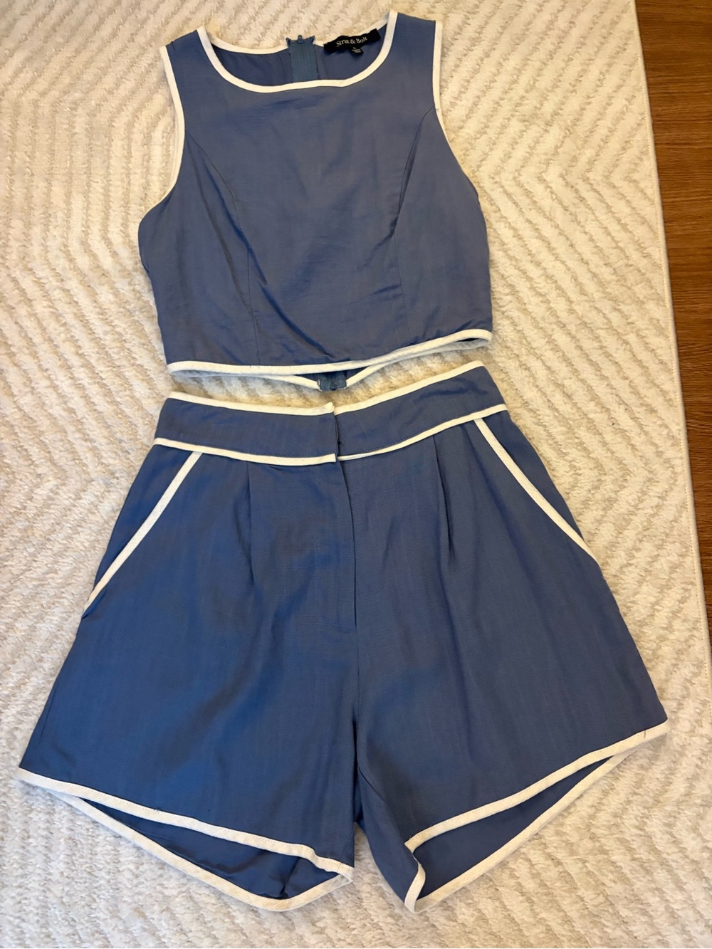 Blue Two-Piece Crop Top & High-Waist Shorts Set with White Trim